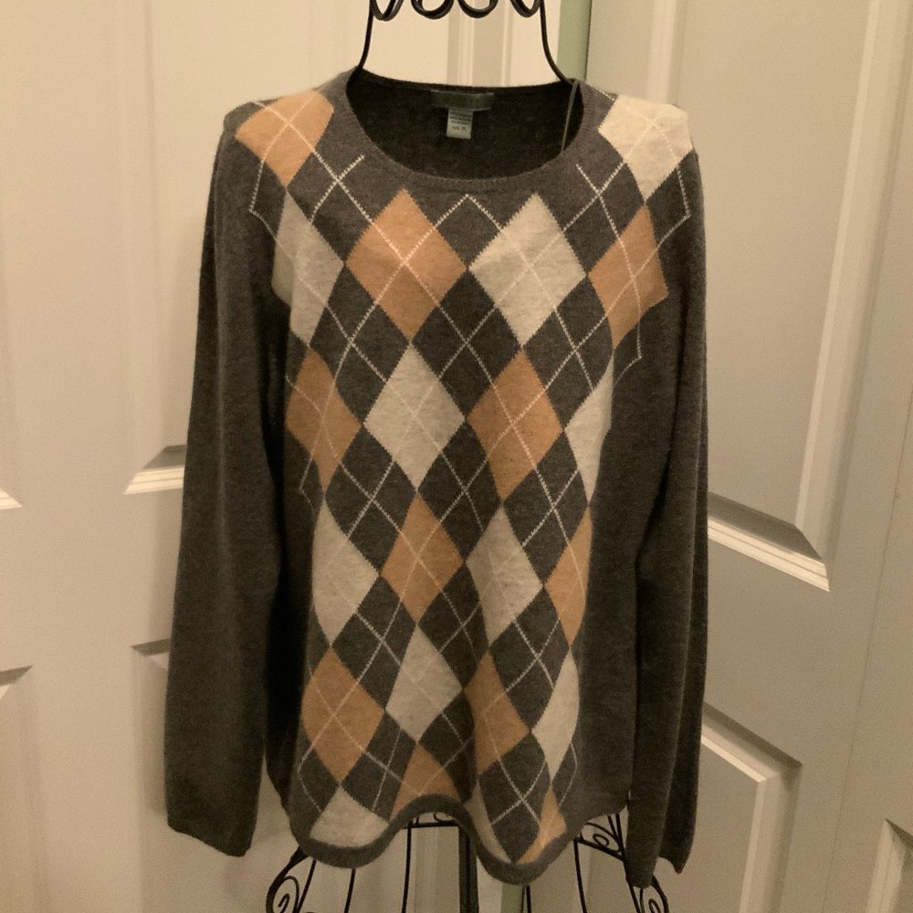 100% Cashmere Argyle Sweater Grey-Camel-Ivory XL